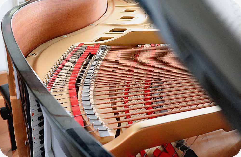 グランドピアノの内部。中に張られた弦が鍵盤を押すことで叩かれて音が出ます。
